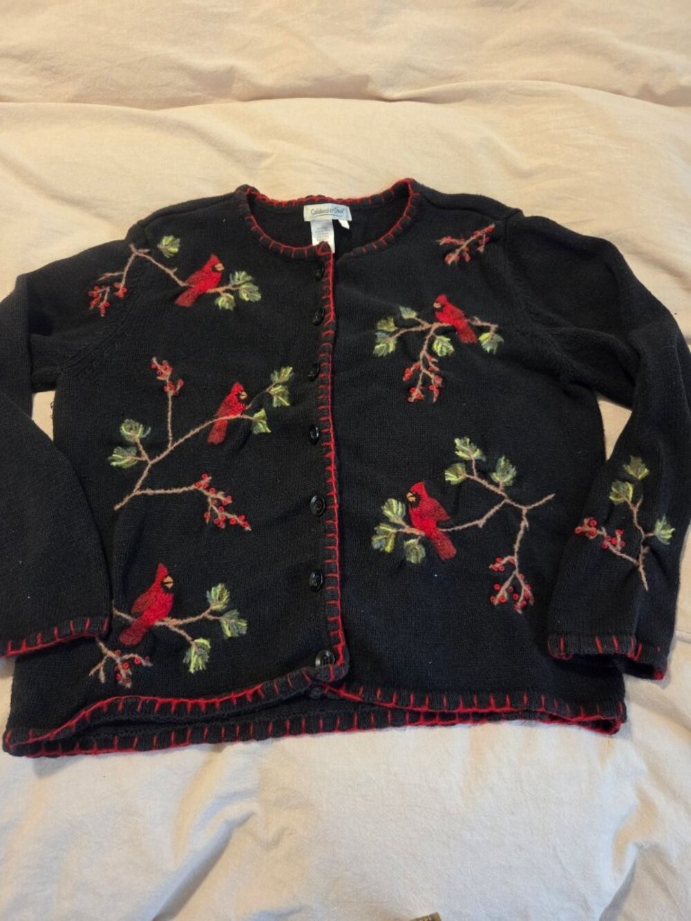 Coldwater Creek Christmas Cardigan Sweater L Red Cardinal Embroidered Holiday - Picture 4 of 6